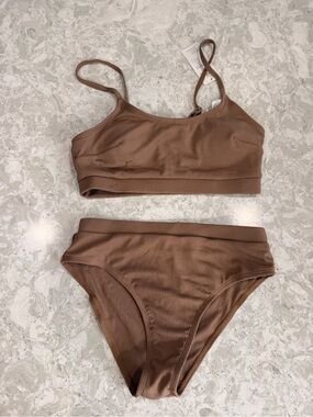 Cupshe Women's Ribbed High-Waist Bikini Set - Brown